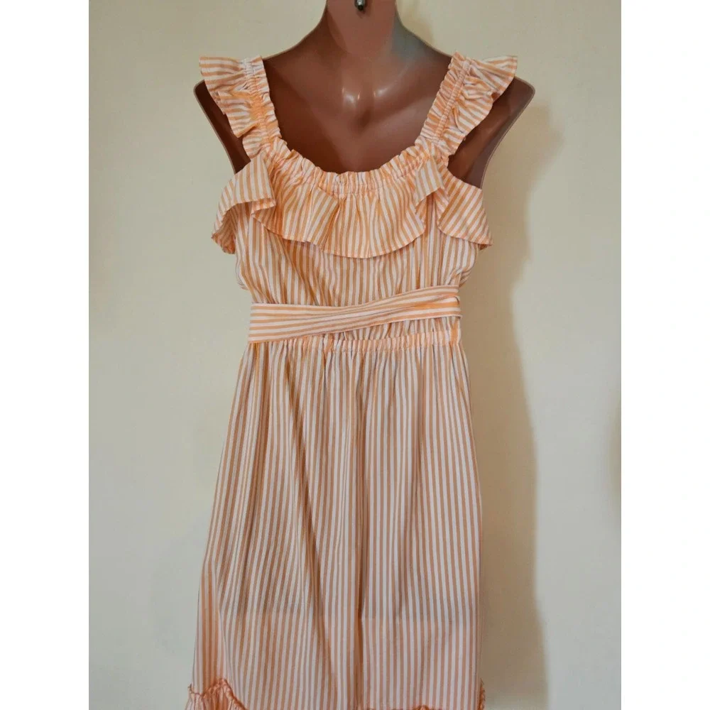 Michael‎ Kors orange & white striped Summer Dress Boho Peasant Ruffle Neck S